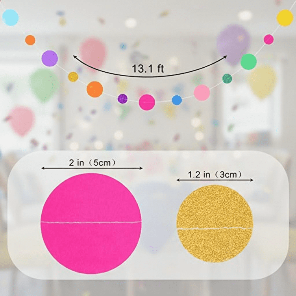 5-Piece Rainbow Glitter Dot Garland Streamers - Colorful Confetti Hanging Decor for Birthday, Halloween, Classroom, Car Trunk or Treat Party Backdrop