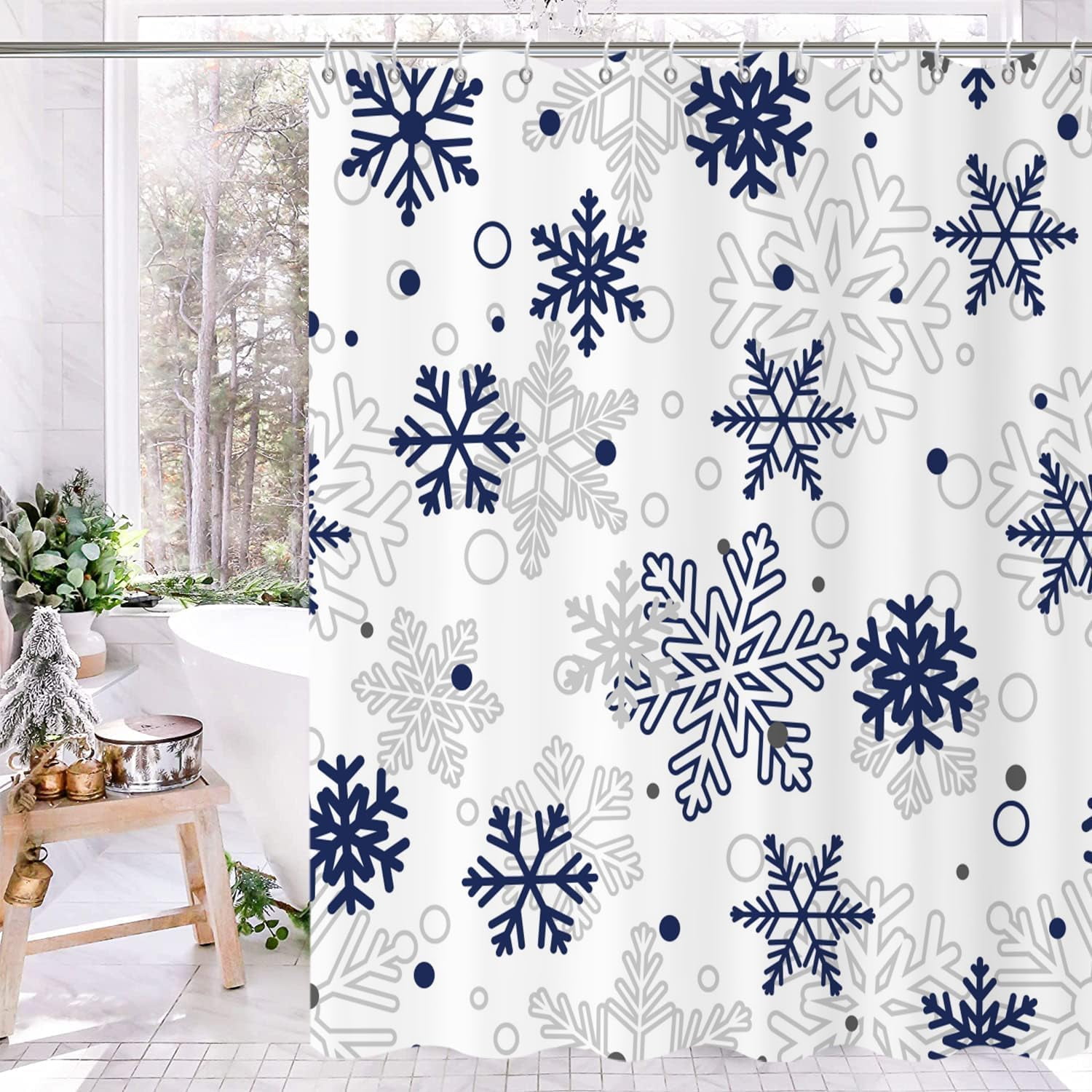 Christmas Shower Curtain, Blue Xmas Snowflake White Background Winter New Year Holiday Bathroom Curtain Waterproof Fabric Machine Washable with Hooks, 72" Wx84 L