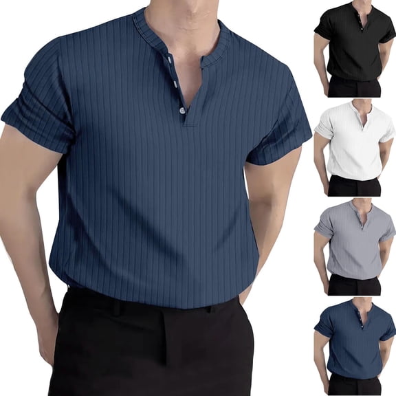 Men's Short Sleeve Ribbed Knit Henley T-Shirt: 3-Button Textured Vertical Stripe Muscle Fit Casual Tee Summer Beach Vacation Solid Color Placket Pullover Soft