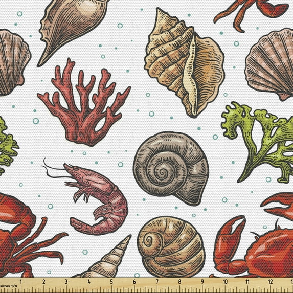 Sea Shells Fabric by the Yard Upholstery, Maritime Pattern Shrimp Crab and Coral Design Marine Elements Vintage Summer, Decorative Fabric for DIY and Home Accents, 5 Yards, Multicolor by Ambesonne