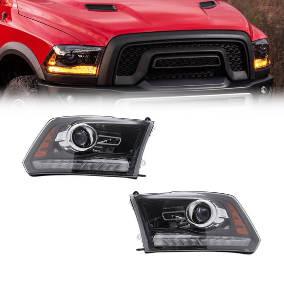 1 Pair Black Factory Projector Headlights w/ LED DRL For 2013-2018 Ram 1500 2500 3500, 2019 Ram 1500 Classic