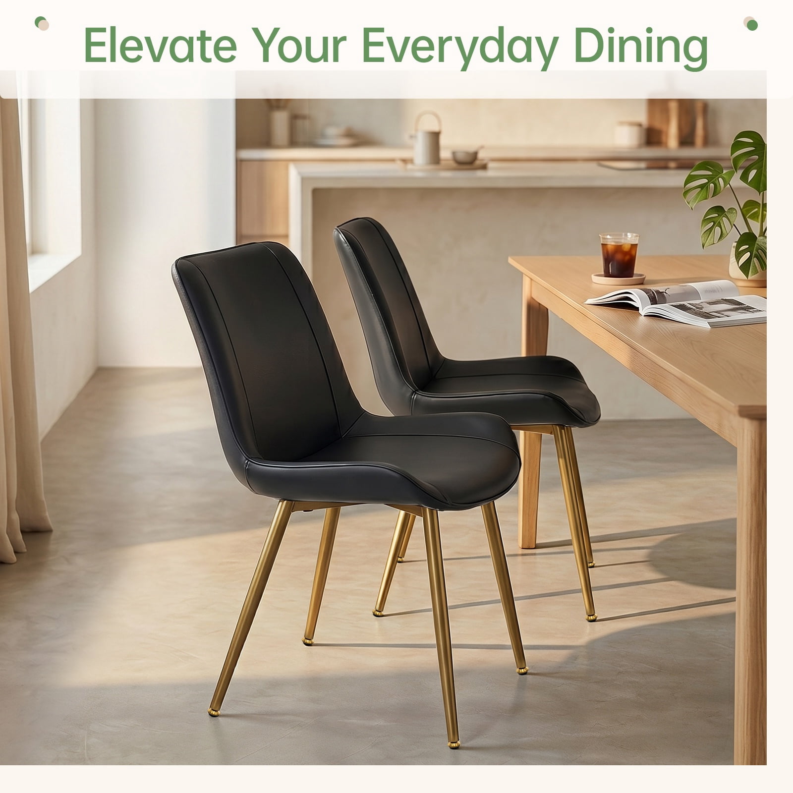 Modern Faux Leather Dining Chairs Set of 2, Upholstered Kitchen & Dining Room Chairs with Backrest, Durable Metal Legs(Black, Gold Legs)
