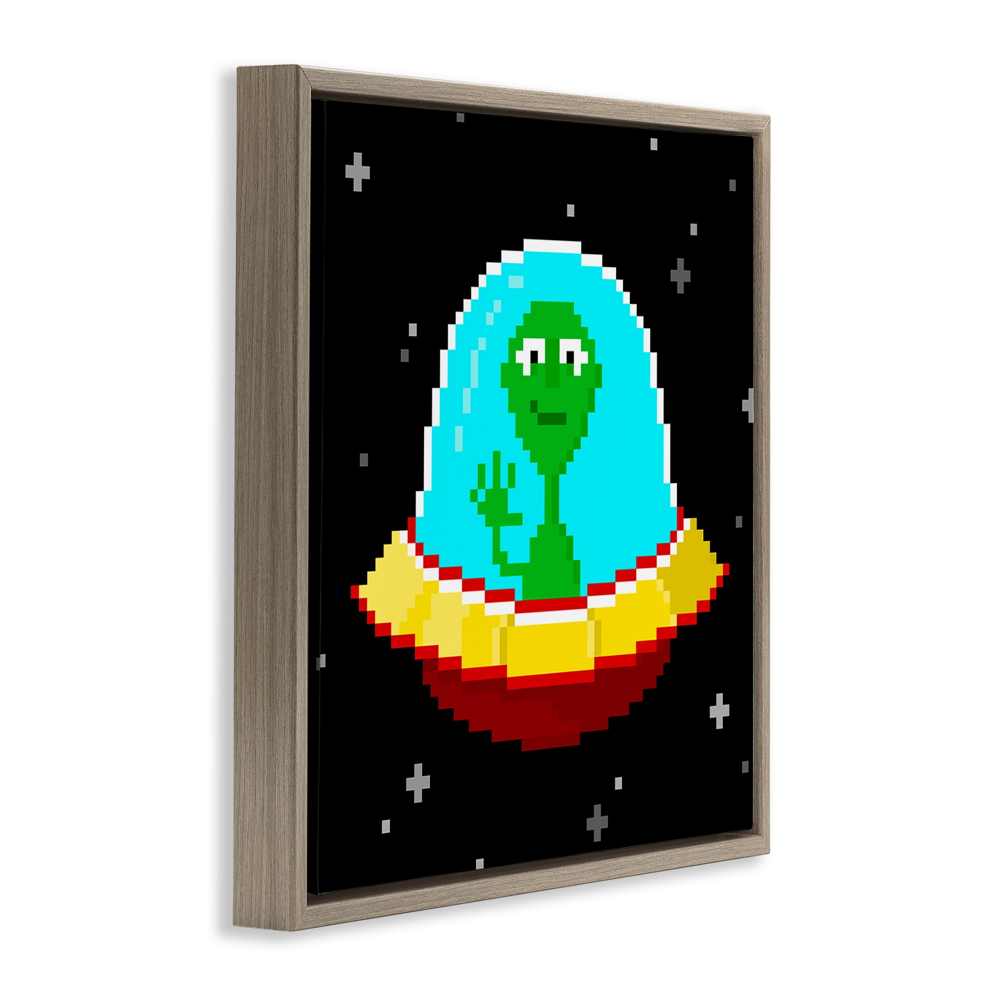 Stupell Industries Pixel Alien Spaceship Novelty & Humor Painting Brown Floater Framed Canvas Art Print Wall Art, 25 x 25