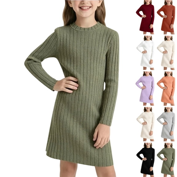Girls Dresses Sweater Dress Size 9-10 Long Sleeve Crew Neck Casual Ribbed Knit Fall Soft Stretchy Midi Dress Army Green