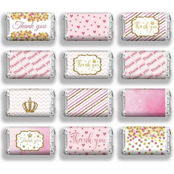 120 Pcs Mini Candy Bar Wrappers Gold Foil Pink Thanks Pattern Candy Wrap Stickers Colorful Candy Papers for Wedding Birthday Party Decoration Stickers Supplies 1.4x2.6inch colorful