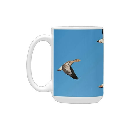 

Geese Decor Collection Flock of Migrating Greylag Geese Birds Flying in V Formation Clear Sky Pictur Ceramic Mug (15 OZ) (Made In USA)