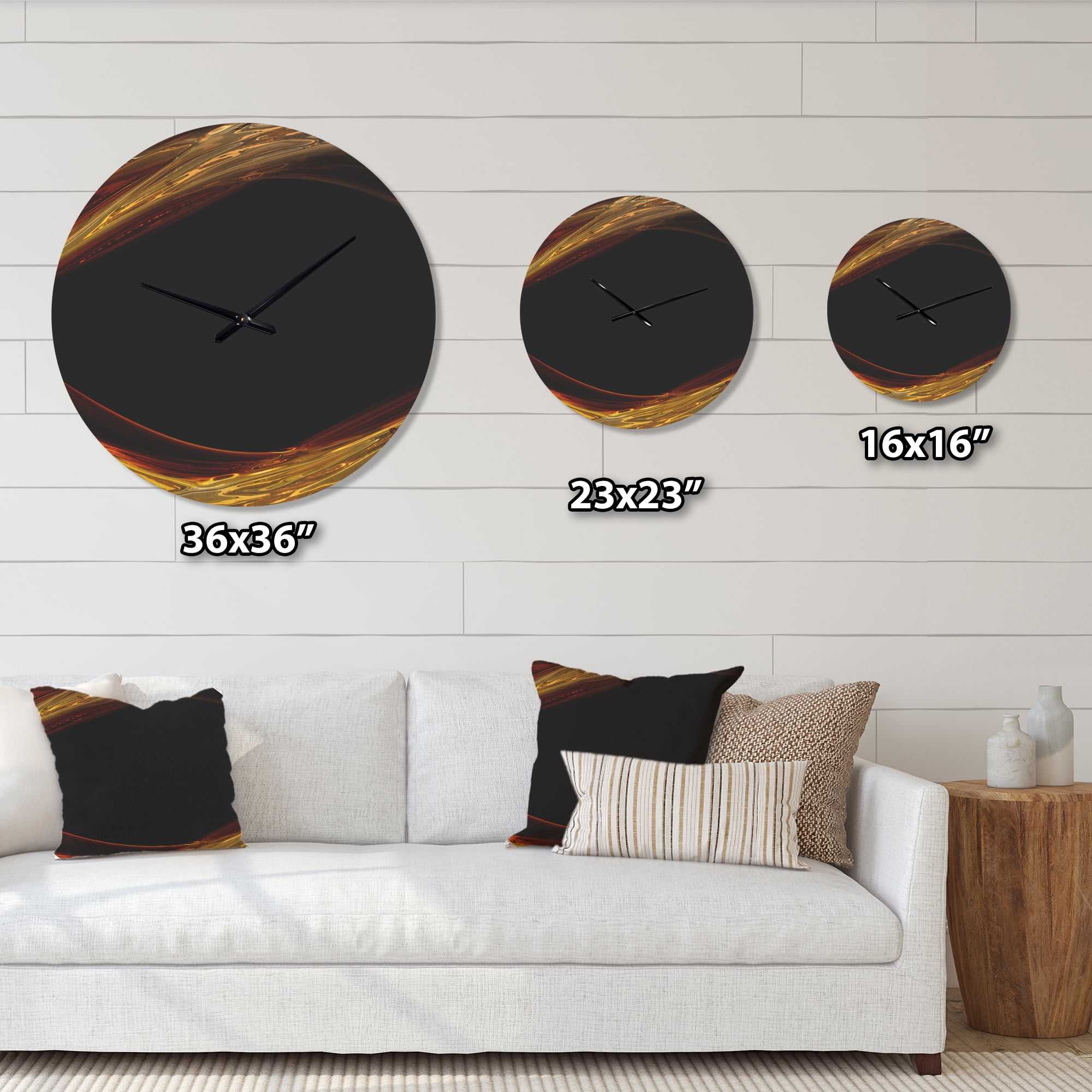 Designart 'Red Golden Waves in Black ' Modern Wood Wall Clock
