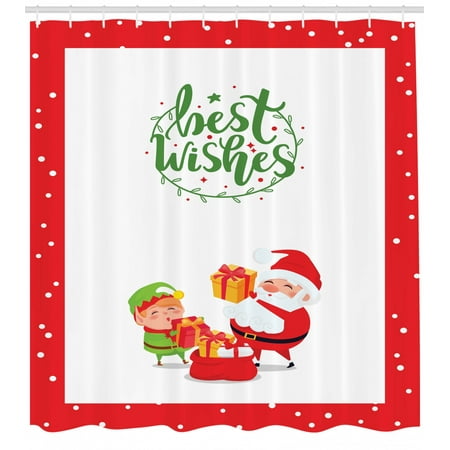 Christmas Shower Curtain, Best Wishes Lettering Design with Elf and Santa Happily Hold Gifts, Fabric Bathroom Set with Hooks, Vermilion Green and White, by (Best Beginner Helmet Motorcycle)