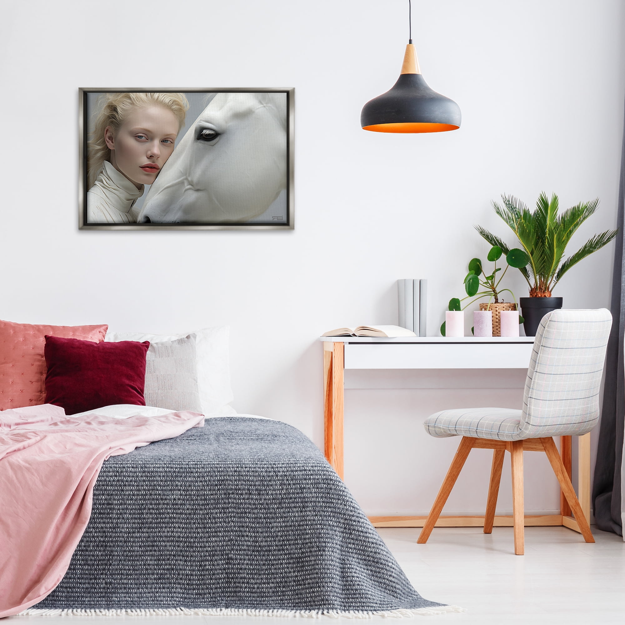 Stupell Industries White Horse & Woman People Painting Gray Floater Framed Canvas Art Print Wall Art, 31 x 21