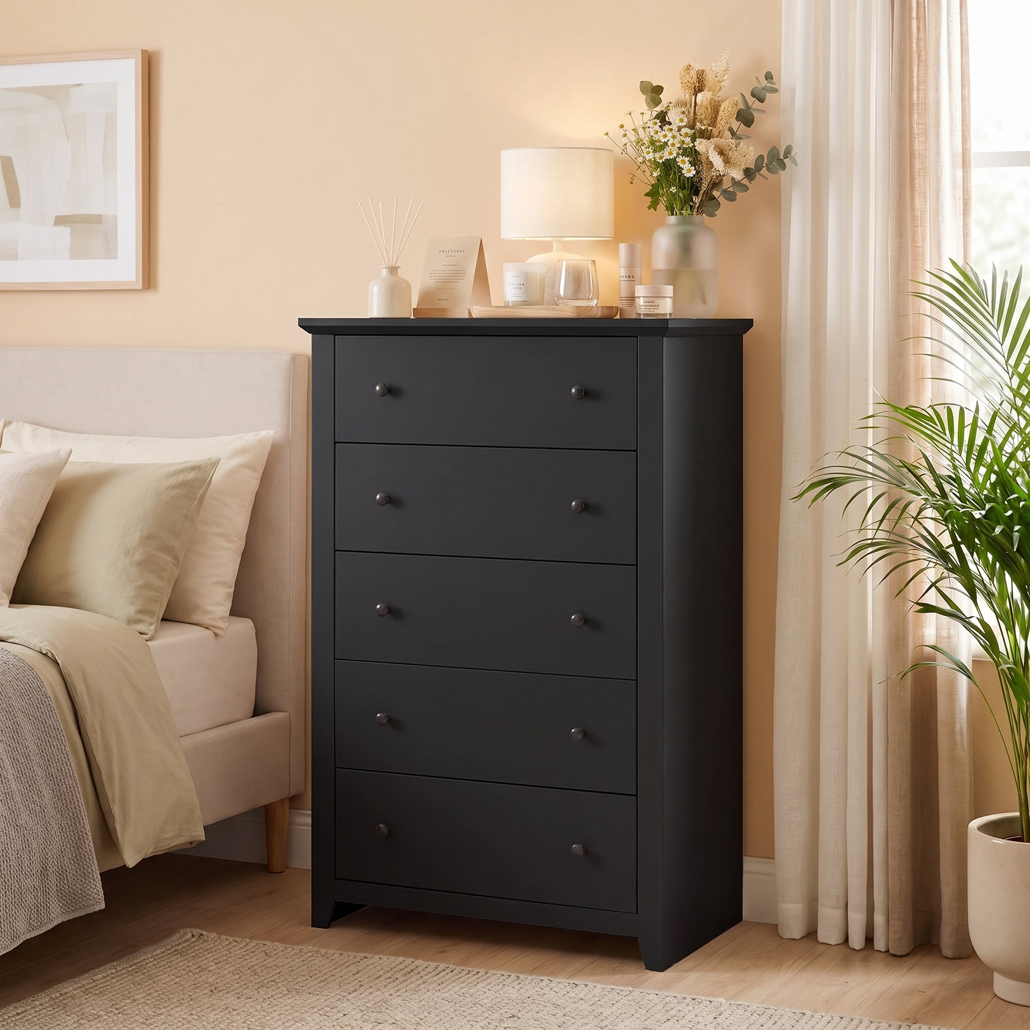 TrumanPick Black Dresser Tall 5 Drawer Dressers for Bedroom Wood Chest of Drawers for Living Room Hallway Entryway 47.2"H x 31.1"W x 15.7"D