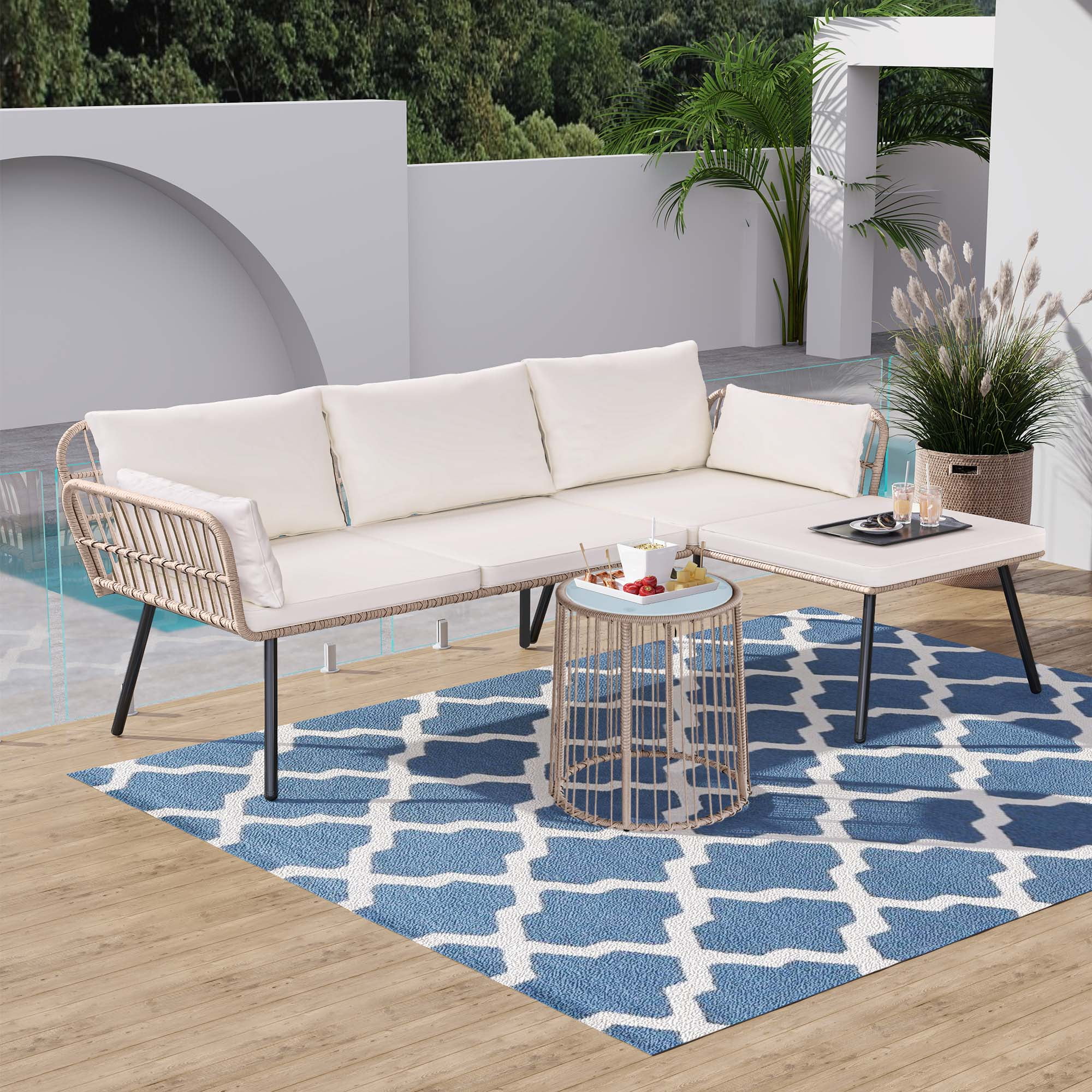 Uforic 3-Piece Outdoor Woven Rope Sectional Sofa Set Patio Furniture, L-Shaped Conversation Set w/ Table - Beige