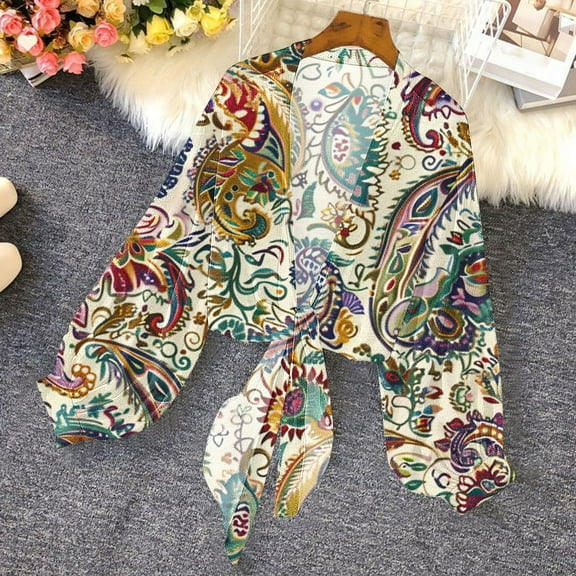 Fznquz Sweaters for Women Chiffon Sweater Shrugs Cover Up Graphic Tie Front Bolero Coat