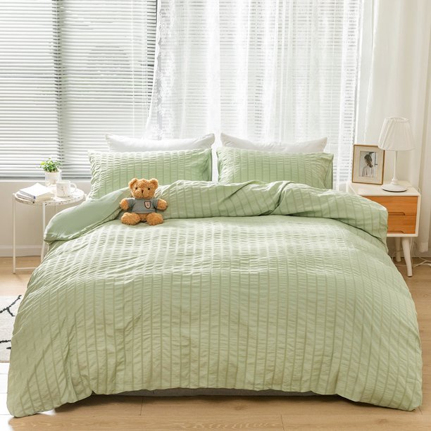 Juego de ropa de cama de tres piezas, sencillo, de color liso, hecho a mano, de seersucker para el hogar
