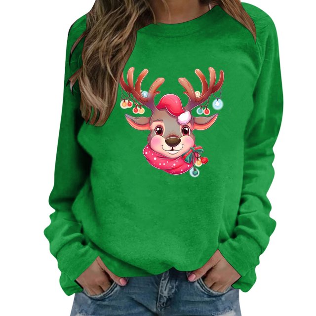 Chandail Imprimé Cerf Automne Hiver pour Femmes Manches Longues Col Rond Sans Capuche Mode de Noël