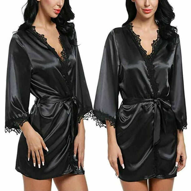 Womens Lace Sleepwear Black Lace Robe Nightwear Babydoll Sexy