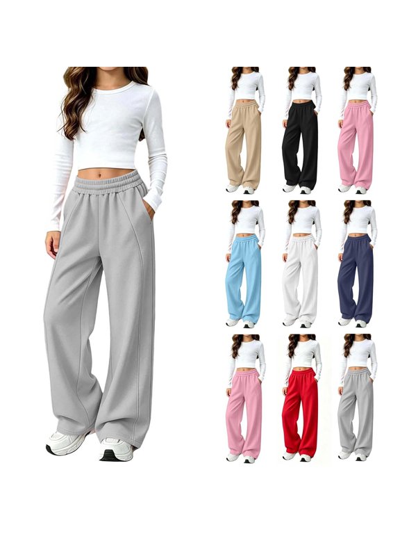 Girls Wide Leg Sweatpants with Pockets Elastic Waist Casual Workout Winter Thick Fleece Lined Track Pants Gray 10 T