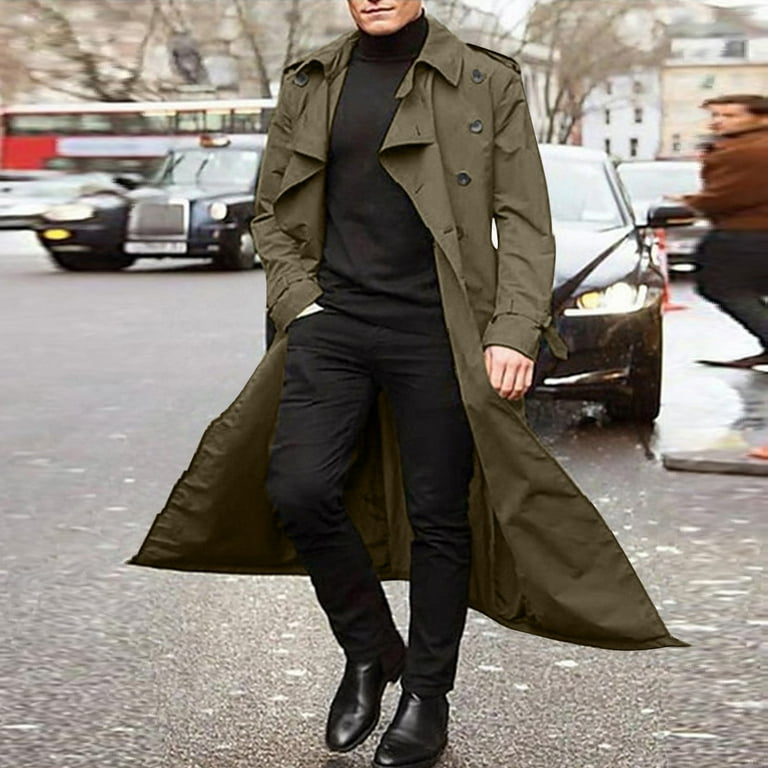 JUNEYUNG Mens Heavy Duty Trench Coat Autumn Winter Long Trench Double Breasted Belt Loose Lightweight Rain Jacket Men Gifts for Men Sale Clearance