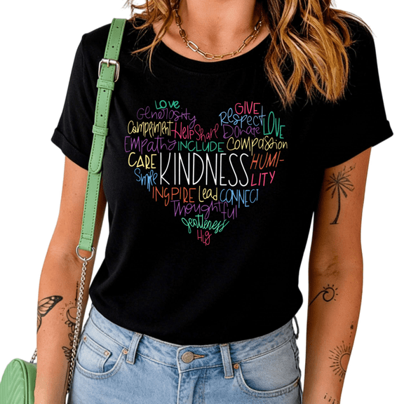 Black Kindness Heart Word Cloud Graphic Print Tshirt Graphic Tees Shirts Positive Inspirational Casual Tops S-5XL