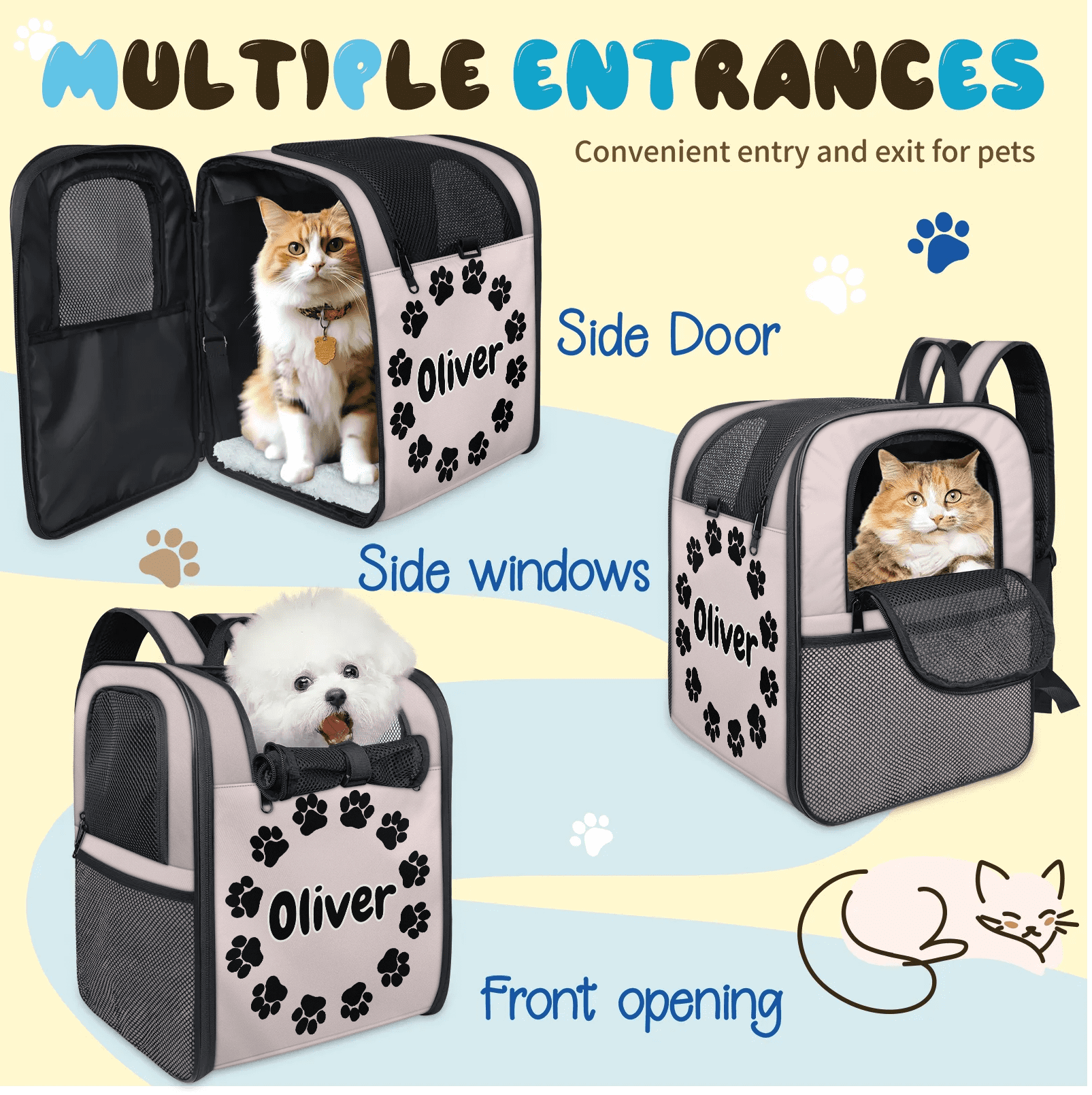 Custom Name Cat Carrier Backpack,Peresonalized Pet Backpack for Small Dogs & Cats Under 13lbs,Ventilated Pet Backpack Bag for Camping Biking Hiking Travel