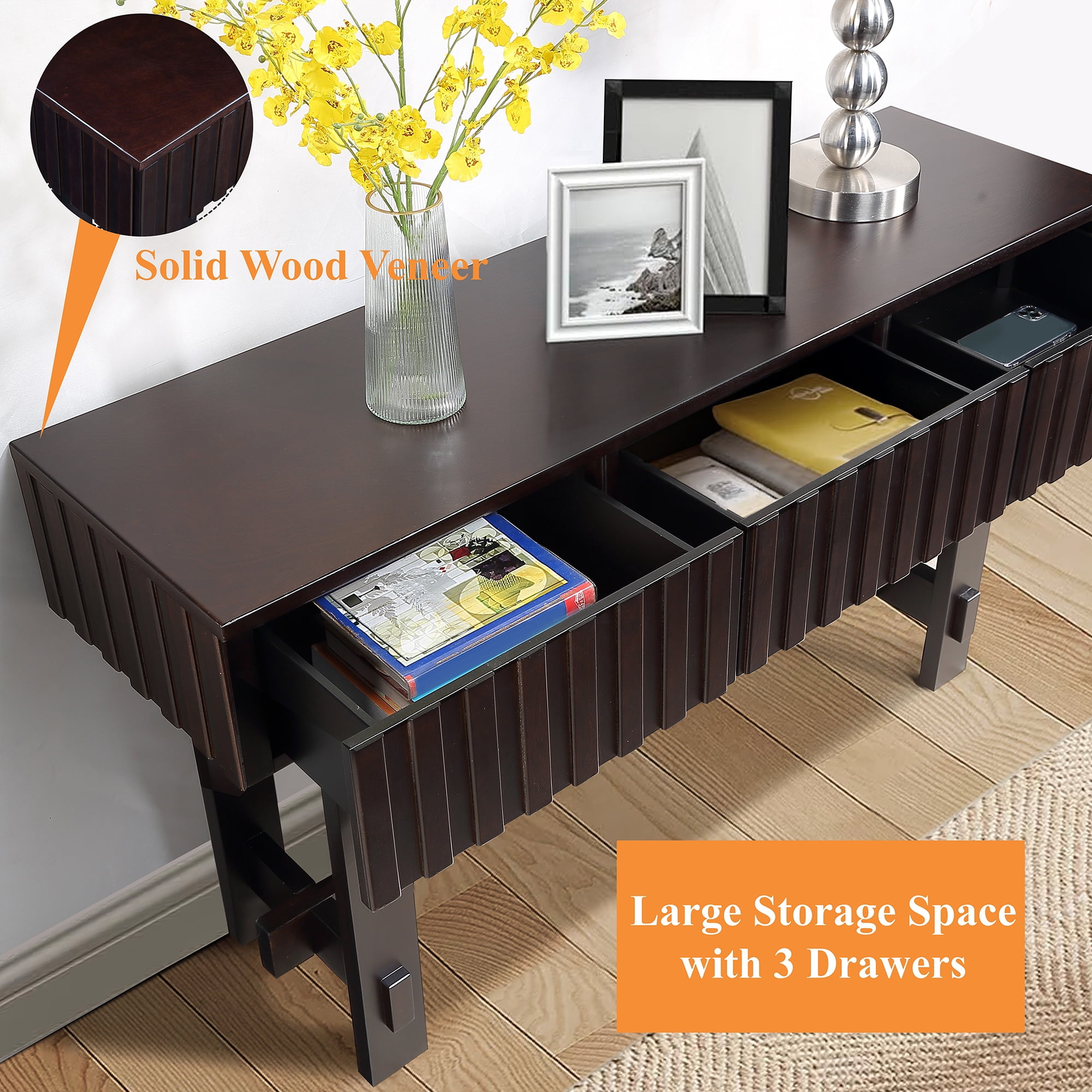 PORKISS Solid Pine Wood Console Table, Entryway Table Hallway Table with 3 Drawers, Retro Sofa Table for Living Room, Foyer, Espresso
