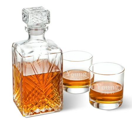 Personalized Bormioli Rocco Selecta Square Decanter with Stopper and 2 Low Ball Glass (Chatime Best Seller Drink)