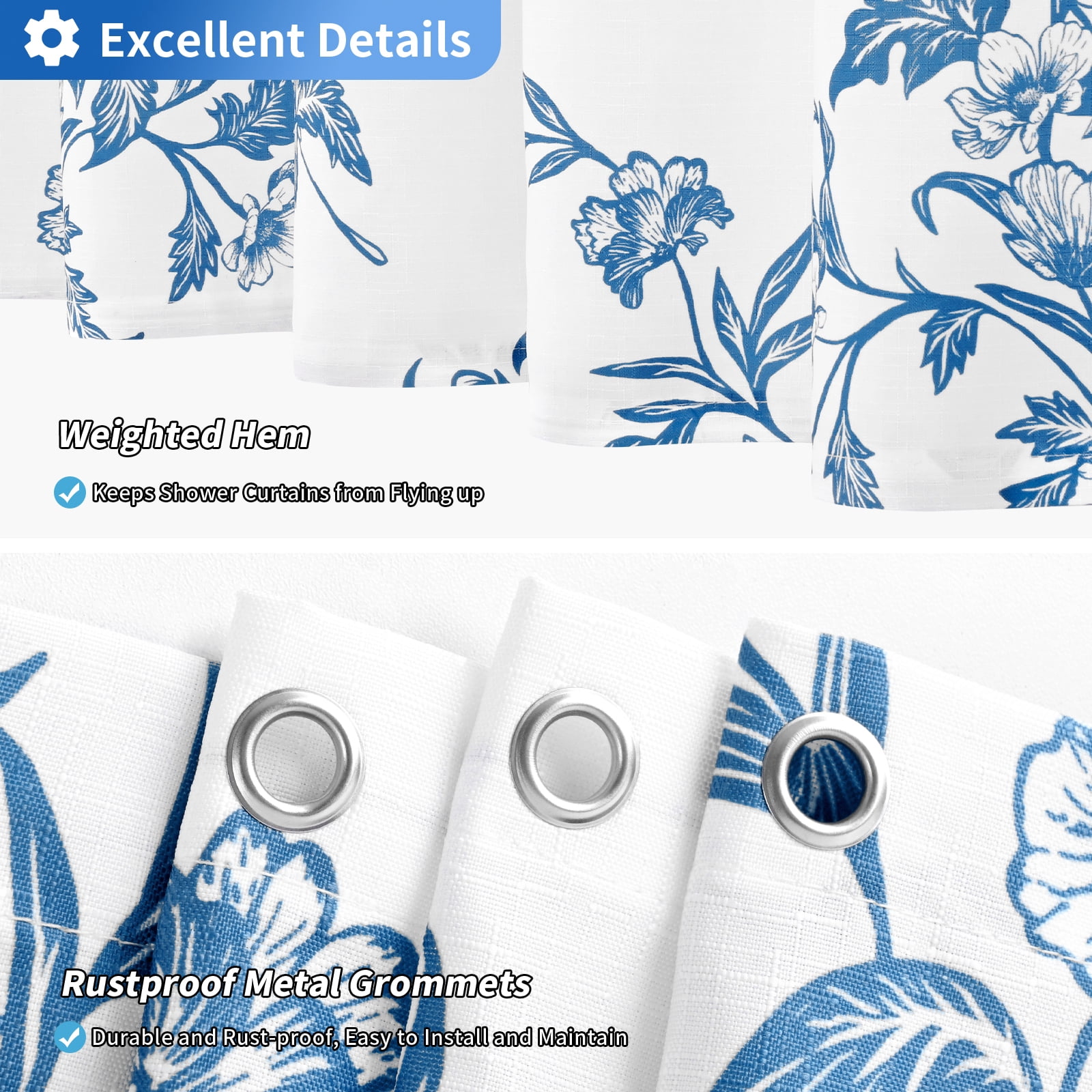 FRAMICS Blue Floral Shower Curtain Sets with Rug and Hooks, 14-Piece Heavy Duty Fabric Cottagecore Bathroom Sets, Waterproof and Mildew-Resistant