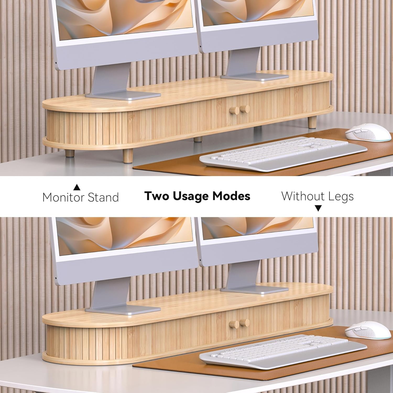 Bamboo Dual Monitor Stand with Storage, Curved Double Computer Laptop Stand Desk Shelf Organizer with Sliding Doors (42 inch)