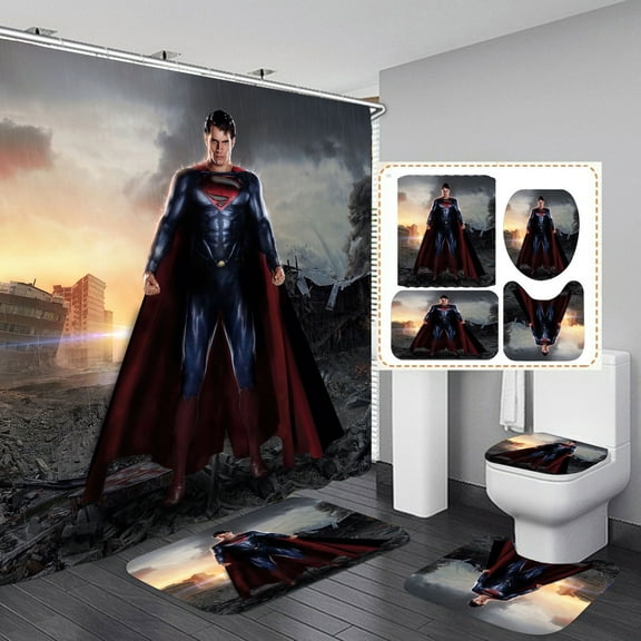 Bathroom 4 Pieces Set Toilet Lid Cover and Bath Mat, Non-Slip Rugs, Superman Shower Curtain Durable and Waterproof, for Bathroom Decor Set, 72" x 72"