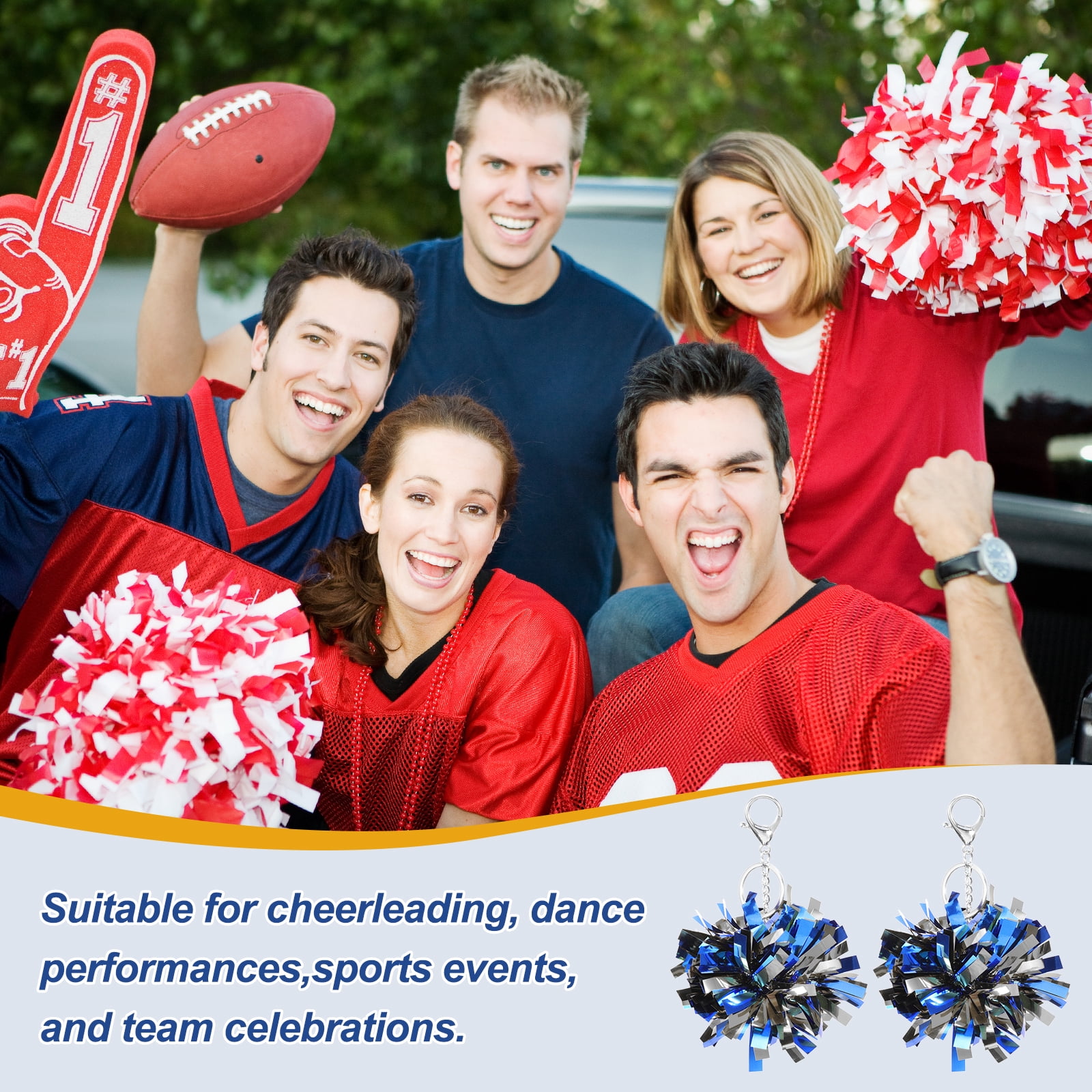 Uxcell 20 Pcs Cheer Pom Pom Keychain Cheerleading Gift Charm Plastic Keyring Bulk for Christmas Blue Silver Tone