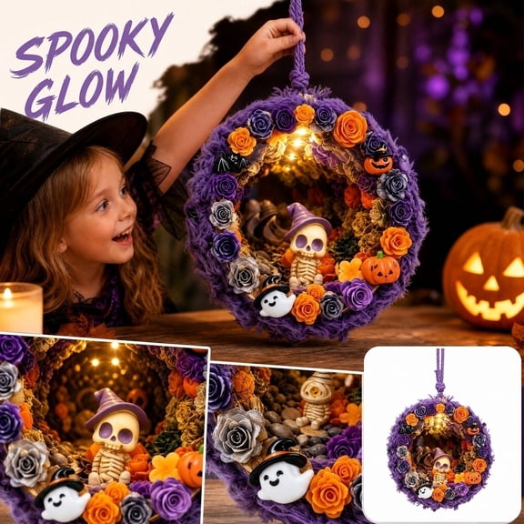 Halloween Hanging Decorations, Light Up Halloween Decorations, Cute Halloween Decorations Outdoor, Purple Halloween Decor, 8 Inch Diameter Handmade Round Hanging Ornament with