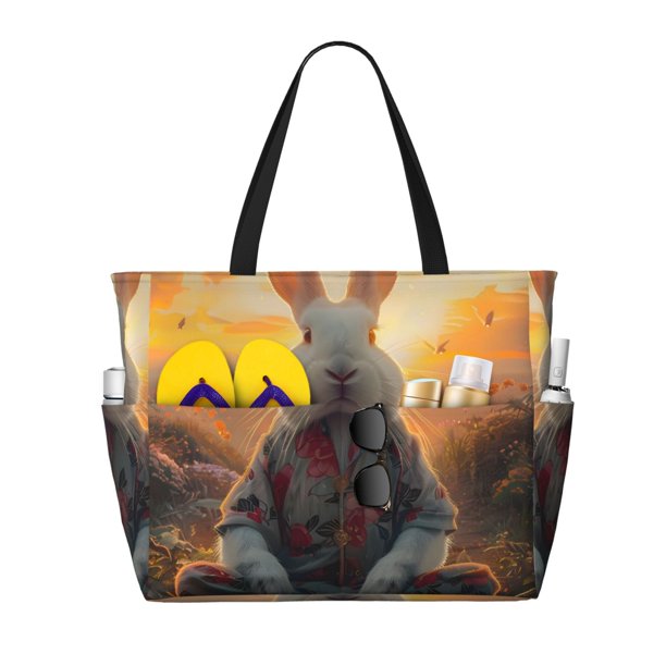 Fotbe Flower Meditating Rabbit Bolsa de Viaje para Playa - Resistente al Agua, Bolsa Tote de Gran Capacidad y Ligera con 7 Bolsillos para Mujeres y Hombres