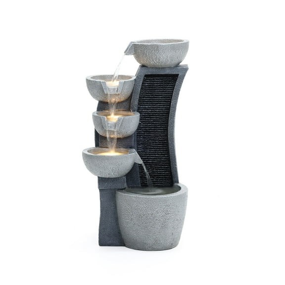 LuxenHome 5-Bowl Multi-Gray Modern Sculpture 26-Inch Tall Resin Fountain with Lights