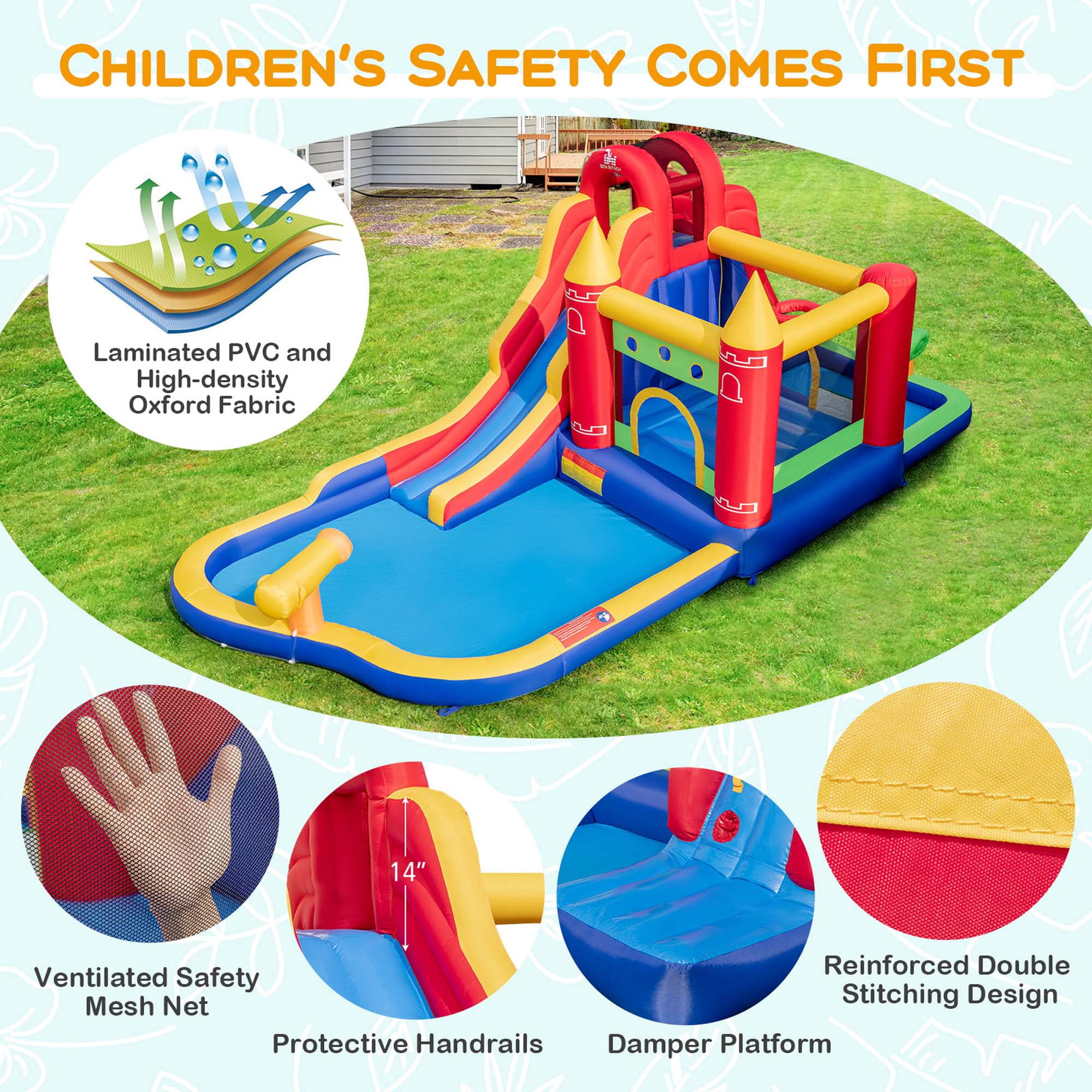 Costway 9-in-1 Inflatable Bounce Castle with Waterslide Splash Pool for 3+ with 735W Blower