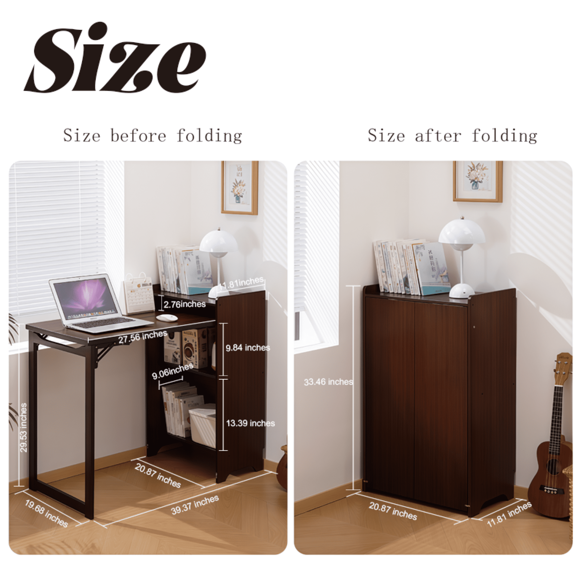 Leumius Folding Desk, Foldable Desk for Small Space, Computer Desk with Hidden Storage, Mid Century Foldable Table for Home Office and Bedroom Walnut