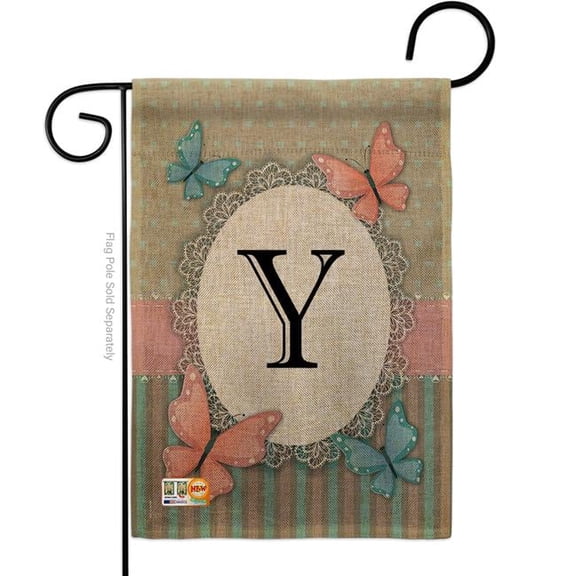 Breeze Decor BD-BG-G-130155-IP-DB-D-US14-BD 13 x 18.5 in. Butterflies Y Initial Burlap Garden Friends Bugs & Frogs Impressions Decorative Vertical Double Sided Flag