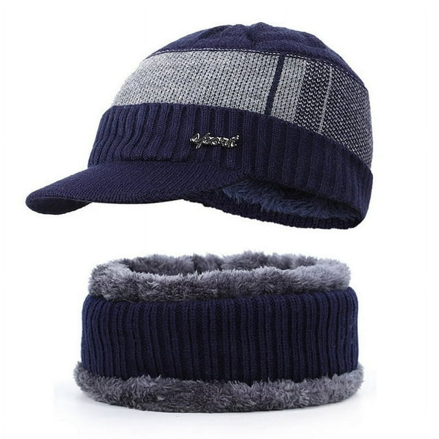 Tuque d'Hiver Chaude pour Homme en Tricot + Bavettes, Doublée en Molleton, avec Bord