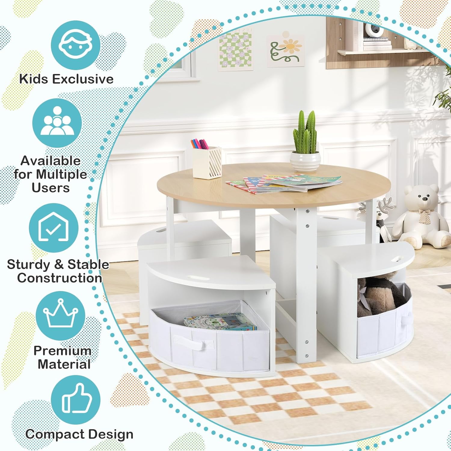 OLAKIDS Toddler Table and Chair Set, Wooden Table and 4 Chairs with Nesting Design, Storage Drawers, Children Multi-Activity Table for Art, Crafts, Draw, Read for Boys Girls Aged 3+