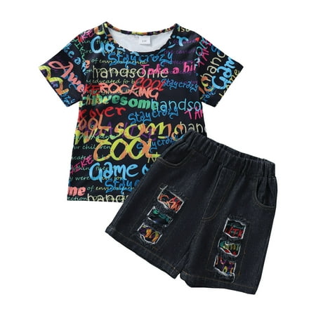 

Baby Boys Clothes Letter Print Short Sleeve T-shirt Top +Ripped Jeans Shorts 2Pcs Outfits Set 18-24 Months