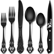 Stapava 30 Pcs Black Silverware Set, Gorgeous Retro Royal Silverware Set for 6, Stainless Steel Mirror Flatware Cutlery Set, Include Forks Spoons and Knives set, Dishwasher Safe Utensils