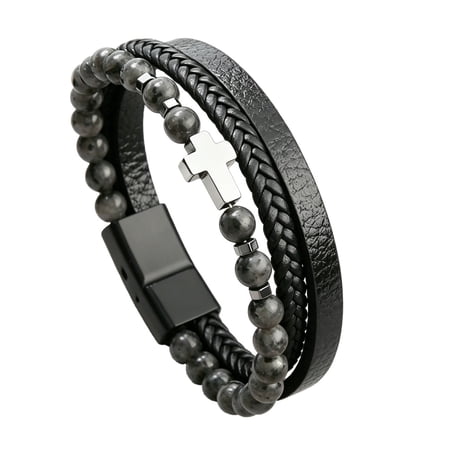HIRPLIS Men's Cross Beaded Bracelet Charm Wristband Stainless Steel Stone Braided Christian Prayer Faith Simple Vintage Daily Baptism Wear Statement Personalized Gift Jewelry Black C