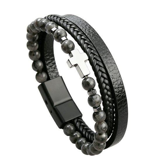 HIRPLIS Men's Cross Beaded Bracelet Charm Wristband Stainless Steel Stone Braided Christian Prayer Faith Simple Vintage Daily Baptism Wear Statement Personalized Gift Jewelry Black C