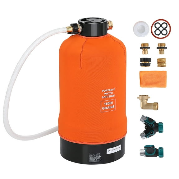 KFFKFF RV Water Softener, 16,000 Grain Capacity, Includes 3/4" Brass Connectors & 42" Hose, Hard Water Treatment for RVs, Trailers, Boats, Mobile Auto Detailing, Pressure Washers