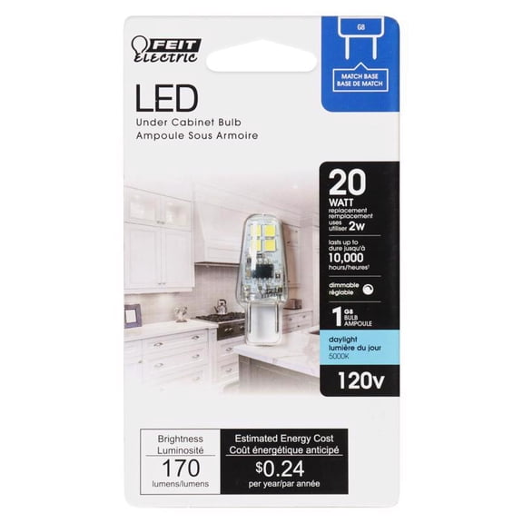 Feit Electric BP20G8/850/LED Dimmable G8 LED Bulb, Daylight, 2 W