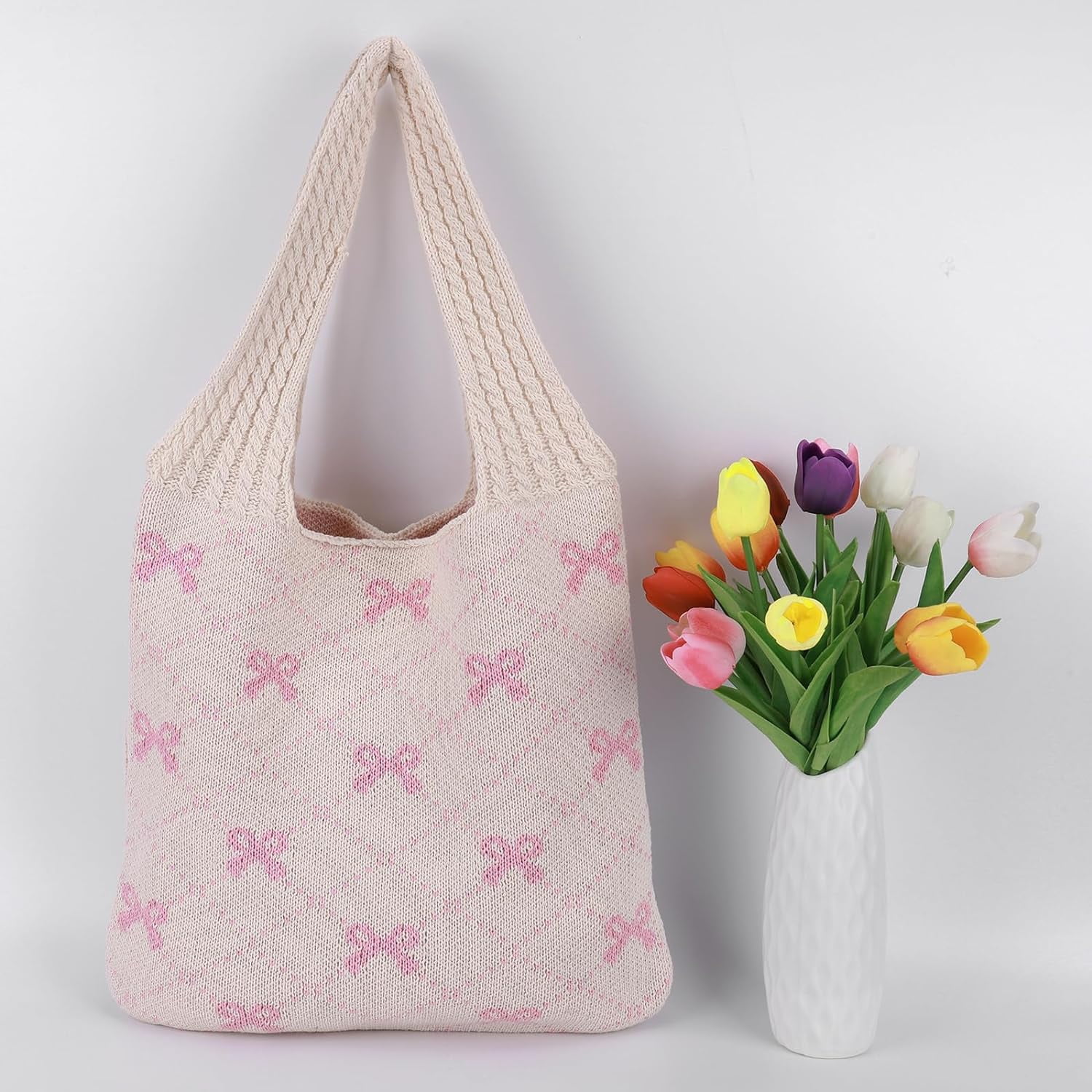 NANAHuang Crochet Tote Bag Y2k Bow Purse for Women Coquette Aesthetic Hobo Bag Cute Shoulder Handbag Knitted Tote Bow Printed Bag