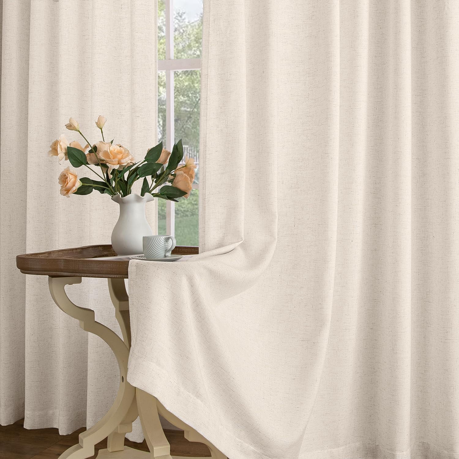 Birch Pinch Pleat Linen Curtains Extra Long Curtains 108 Inch Length, Memory Trained Pinch Pleated Curtain with Hooks Living Room Bedroom Sliding Patio Door, Linen Textured Pleated Curtain Drapes