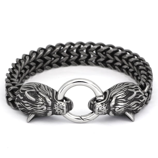 Pulsera de acero inoxidable para hombre con cabeza de lobo y eslabones franco con cierre de anillo de resorte