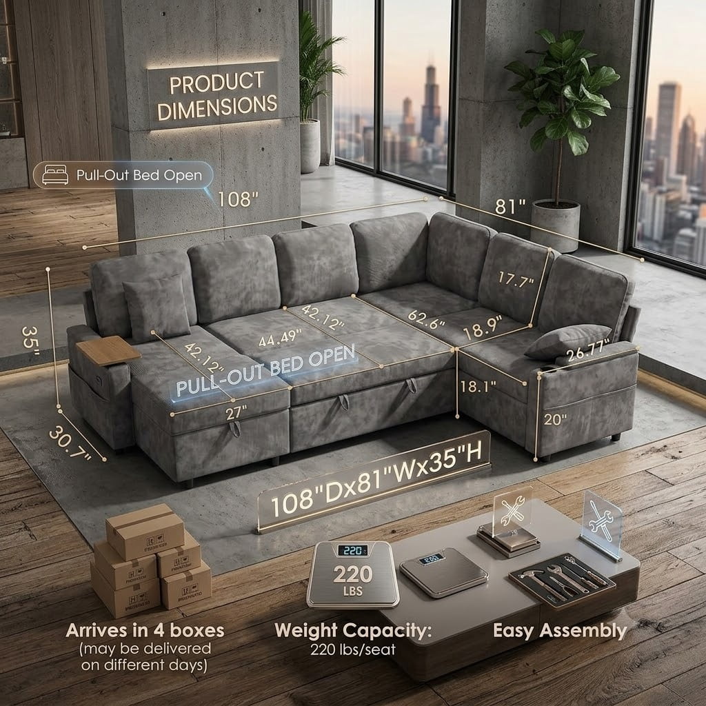 EPOWP 108" Sectional Sleeper Sofa, 7-Seater L-Shaped Modular Couch with Pull-Out Sofa Bed, Adjustable Backrest, Side Table & Charging Ports, Chenille Sectional Sofa for Living Room, Grey
