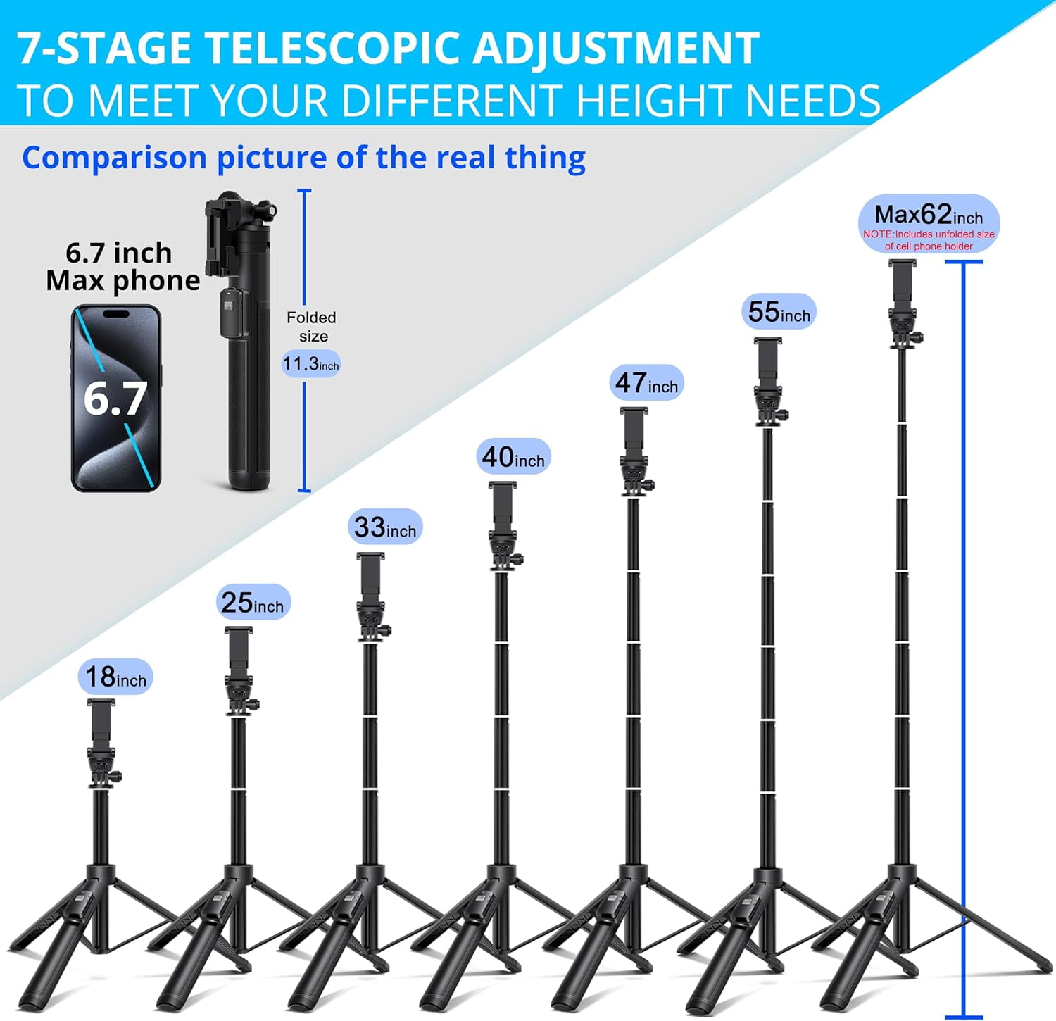 62 inches Extendable Selfie Stick Tripod with Wireless Remote & Phone Holder, Portable Aluminum Alloy 3 in 1 Stand for Group Photos, Vlogging & Travel Compatible with All Smartphones
