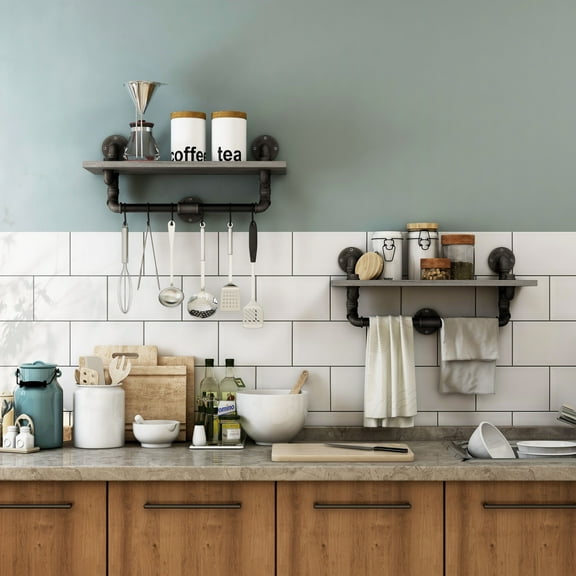 Trent Metal Floating Shelves, Set of 2, Vintage Gray Oak and Sand Black