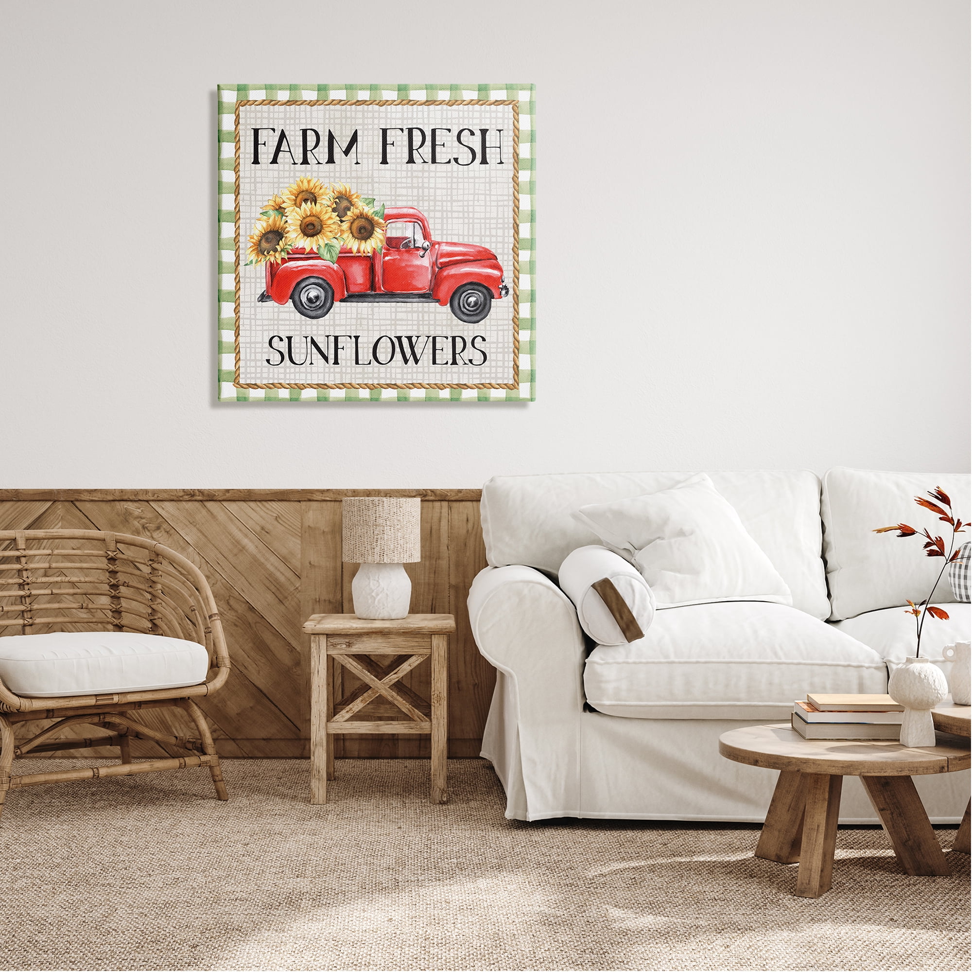 Stupell Gingham Farm Fresh Sunflowers Pattern Transportation Painting Gallery Wrapped Canvas Print Wall Art
